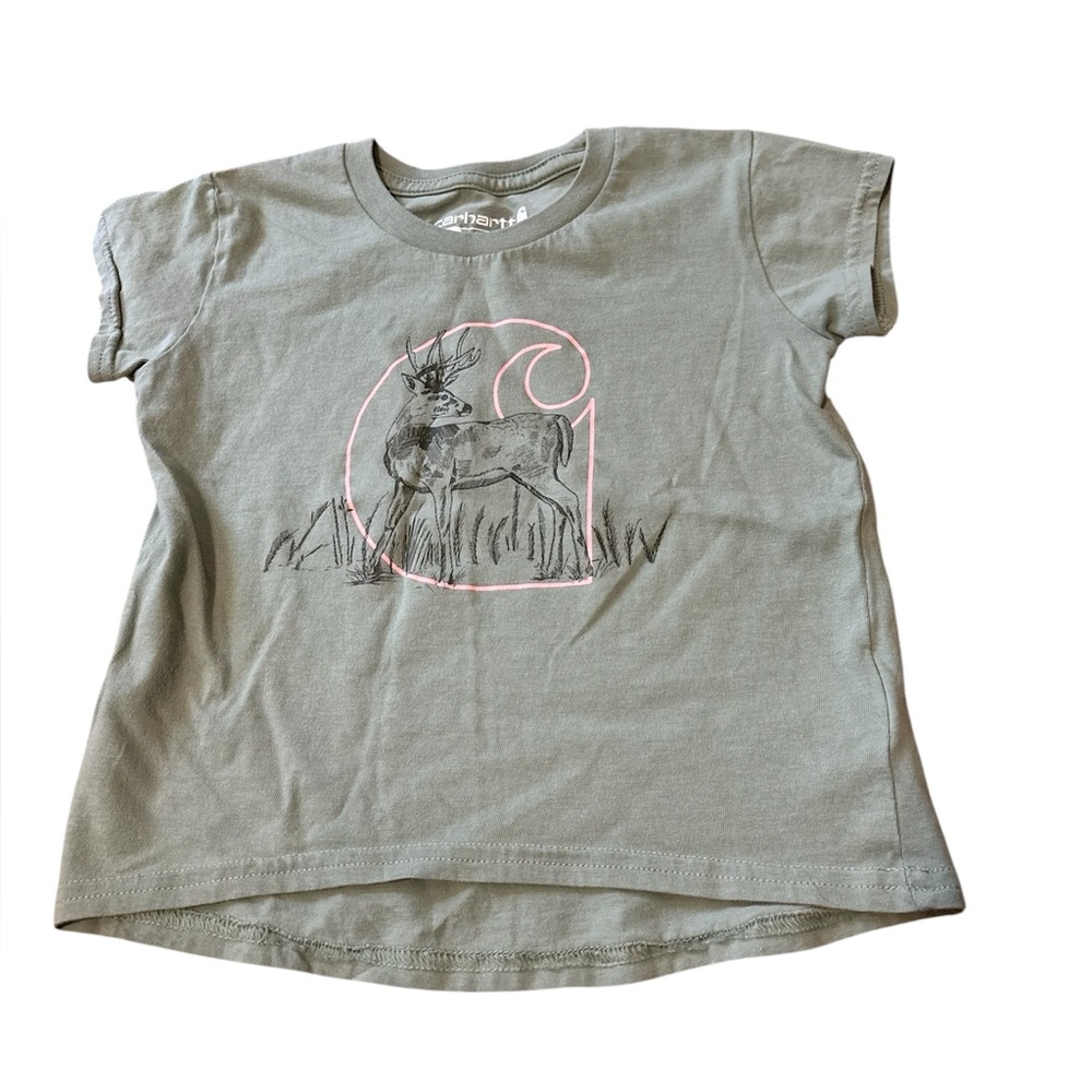 🟡Carhartt Olive Green Kids Tee with Elk Graphic and Pink Accent